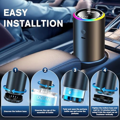 Smart Car Air Freshener, Car Air Freshener Diffuser with 100ml Perfume, Long Lasting Lasts 6 Months, RGB Music Syncing Light, Auto On/Off, 5 Adjustable Rechargeable Aroma Diffuser, New Car Smell