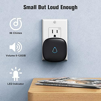 SECRUI Wireless Doorbell with 2 Buttons, Waterproof Mini Door Bell 1,000ft Range 110dB Mute Mode 58 Door Chimes & Colorful LED Flashing - Black
