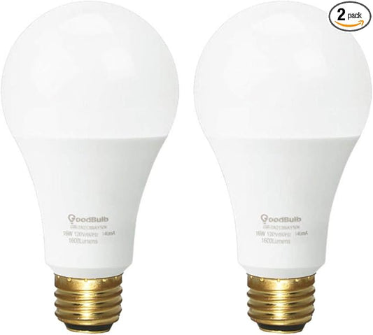 GoodBulb LED A21 3-Way Light Bulbs 5/9.5/16 Watt (40/60/120 Watt Equivalent) E26 Base Warm White 3000K EcoSmart Lights High Output 450/800/1600 Lumens 2 Pack