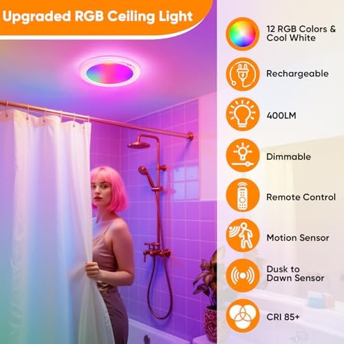 Rechargeable Motion Sensor Ceiling Light, Battery Closet Light 12 RGB Color