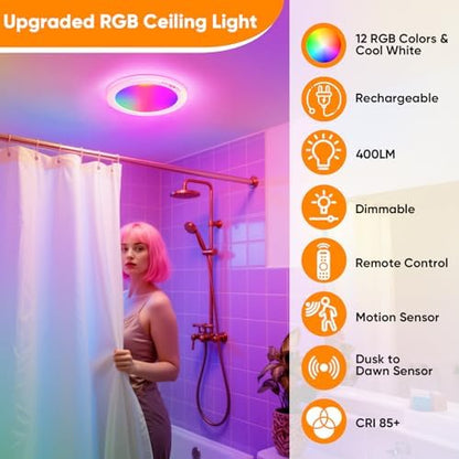 Rechargeable Motion Sensor Ceiling Light, Battery Closet Light 12 RGB Color