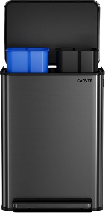 Garvee Stainless Steel Garbage Can, 2 x 8 gal Dual Compartment Trash Can with 2 Inner Buckets and Soft Close Lid, Foot Pedal Garbage Bin for Bathroom, Living Room, Kitchen, Black