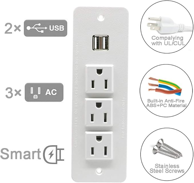 Conference Recessed Power Strip with USB Mountable Power Outlet Built in Desktop Workbench Drawer Cabinet 10'ft Heavy Duty Power Cord White