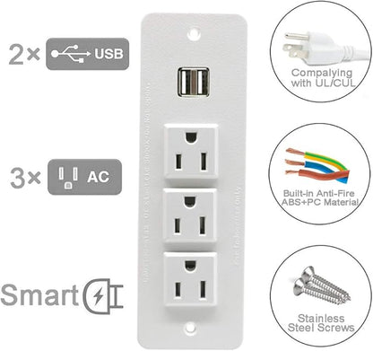 Conference Recessed Power Strip with USB Mountable Power Outlet Built in Desktop Workbench Drawer Cabinet 10'ft Heavy Duty Power Cord White