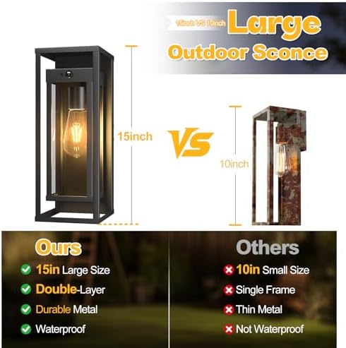 2 Pack Motion Sensor Outdoor Wall Light 15in Large Porch Lights for House