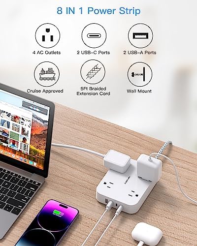 Flat Plug Extension Cord, 4 Widely Power Strip with 4 USB Ports(2 USB C)