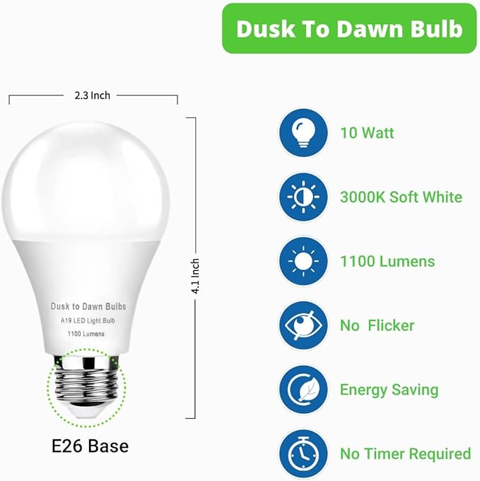 6-Pack Dusk to Dawn Light Bulbs Outdoor, A19 LED Photocell Sensor Bulbs Auto On/Off, 1100LM 3000K Soft White, E26 Base for Porch, Garage, Security Lighting（Non-dimmable）