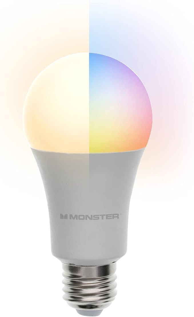 Monster Multi-Color and Warm-White LED Light Bulb, 16,000,000 Lighting Possibilities, Customizable with App, Compatible with Alexa/Siri/Google Assistant, Wi-Fi Enabled, 1-Pack, 9 watt