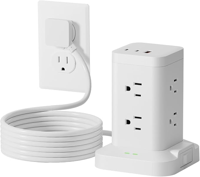 Power Strip Tower with Surge Protector 1800J, Fast Charging Tower PD20W USB-C Ports with 8 AC Outlets, Extension Cord for Home Office Dorm Room, White, 8FT