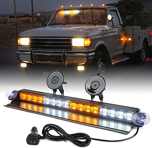 Xprite 16 inch White Amber Emergency Strobe Dash Lights, Interior Windshield Flashing Light w/Suction Cups for Construction Towing Snow Plow Pickup Work Trucks Cars (Aluminum Housing)