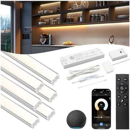VST Smart Under Cabinet Lighting 6 Bars - UL Listed CRI 93+ Adjustable COB Strip Lights, Alexa & Google Home Compatible, App/Voice/Hand Wave Control for Kitchen Cabinets & Closets