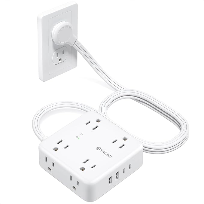 TROND 5ft Flat Extension Cord with 2 USB C, Ultra Thin Flat Plug Power Strip, 8 Widely Outlets and 4 USB Ports, 1700J Surge Protector, Extension Cord for Office, Travel, Home, White