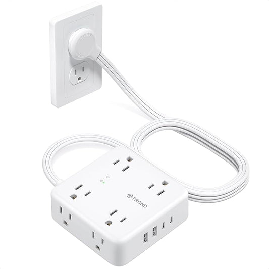 TROND 5ft Flat Extension Cord with 2 USB C, Ultra Thin Flat Plug Power Strip, 8 Widely Outlets and 4 USB Ports, 1700J Surge Protector, Extension Cord for Office, Travel, Home, White