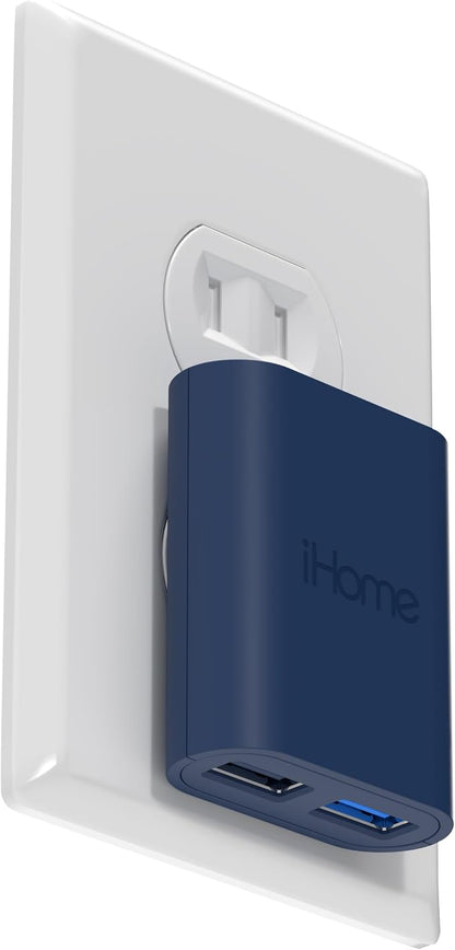 iHome Slim 2-Port USB Wall Charger, Flat Multiport Travel Plug Adapter | Dual USB-A ports, 2.4A Rapid Charge, Foldable Prongs, Slim Design, Compatible with iPhone, Android, iPad, AirPods for Home