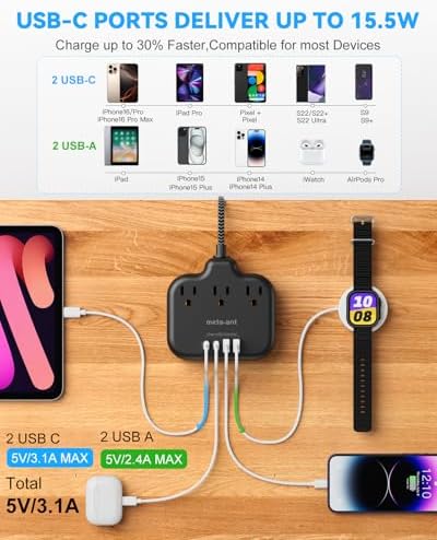 10FT Cruise Approved Power Strip with USB C - Black Flat Plug Extension Cord with 3 Outlets & 4 USB Ports (2 USB-C), No Surge Protector for Cruise, Kitchen, Bathroom, Travel