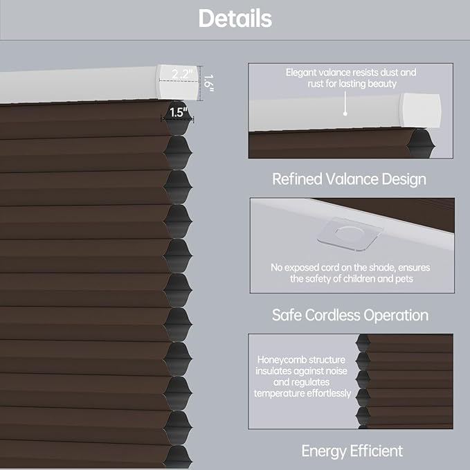 Cellular Shades Blackout Honeycomb Blinds for Indoor Windows, Cordless Cellular Shades 1.5 inch Cell Pleated for Bedroom Home Office, Custom Size, Blackout Brown
