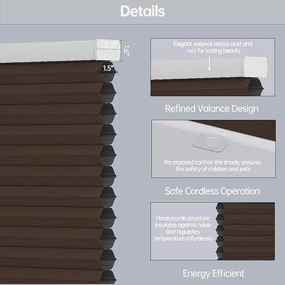 Cellular Shades Blackout Honeycomb Blinds for Indoor Windows, Cordless Cellular Shades 1.5 inch Cell Pleated for Bedroom Home Office, Custom Size, Blackout Brown