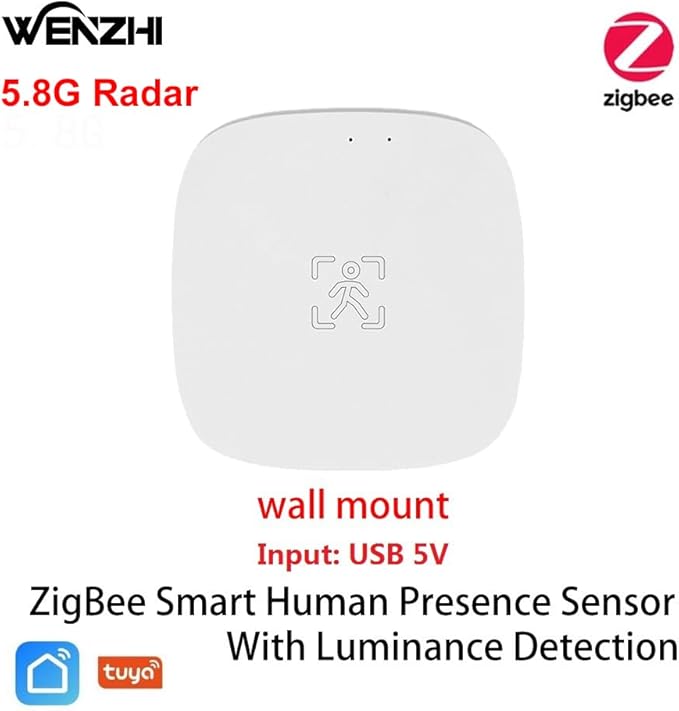 Presence Sensor, WenzhiIoT Smart Motion Sensor Zigbee 5.8 GHz Radar MmWave Presence Sensor Movement Body Motion Detection with Luminance/Distance Tuya Smart Life Home Assistant