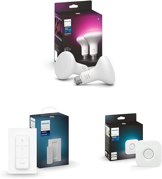 Philips Hue White & Color Ambiance BR30 LED Smart Bulbs, 2 Bulbs (578096) & Smart Dimmer Switch, 1-Pack & Bridge, Unlocks Full Suite of Features