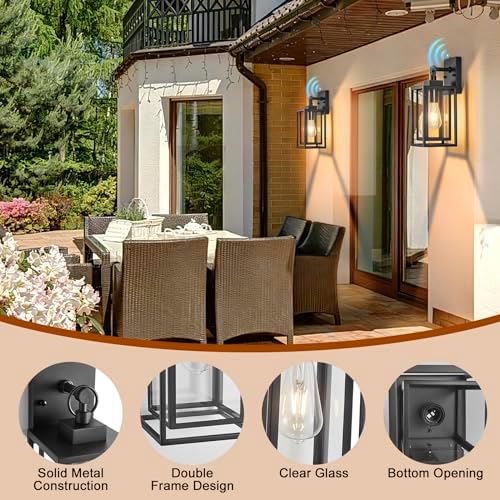 14 IN Dusk To Dawn Outdoor Light Fixture,Double Cage Satin Black Outdoor Wall Lanterns For House,Front Porch,Patio,Yard With Clear Tempered Glass,Waterproof Exterior Wall Light,E26 Base,1 Pack