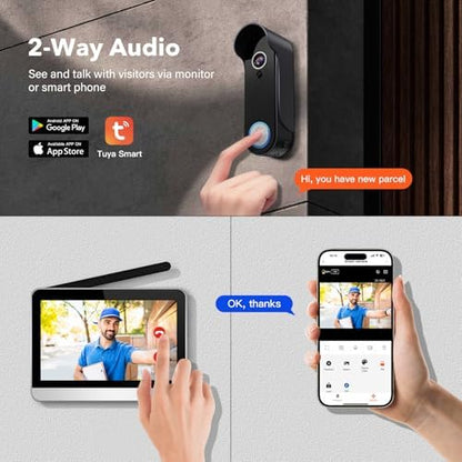 Wireless Doorbell Camera with Monitor Video Door Phone Intercom System 1080P 7'' Touch Screen Two-Way Audio Smart Door Bell with Night Vision, Motion Detection, No Monthly Fees, Tuya APP