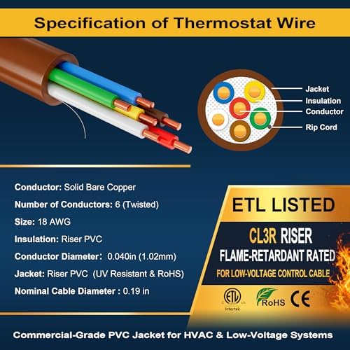 18/6 Thermostat Doorbell HVAC Wire, True Gauge 18 AWG 6 Conductor Solid Copper Control Cable, ETL Listed CL3R/CMR Riser Rated Flame-Retardant, RoHS, for 0-30V Low Voltage Systems - 100FT
