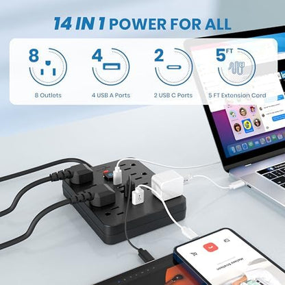 JouleLoom Power Strip Surge Protector with 8 Outlets, 4 USB and 2 USB C Ports, 5 Ft Extension Cord, Flat Plug, Wall Mount, Overload Protection Desk USB Charging Station for Home, Office