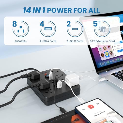 JouleLoom Power Strip Surge Protector with 8 Outlets, 4 USB and 2 USB C Ports, 5 Ft Extension Cord, Flat Plug, Wall Mount, Overload Protection Desk USB Charging Station for Home, Office