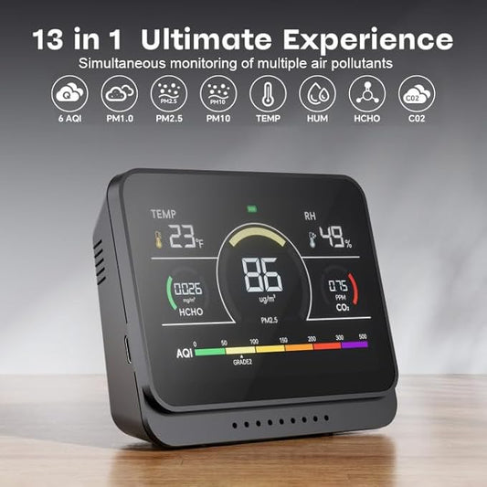 13 in 1 Portable Air Quality Monitor Indoor for Home, Car and Office Air Quality Tester for 6AQI,HCHO, PM2.5, PM1.0, PM10, CO2 Detector Air Quality Meter with Temperature, Humidity (Black)
