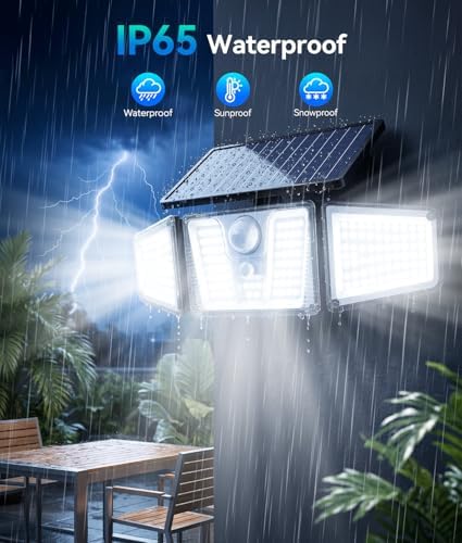 KOOPER Solar Flood Lights, 210 LED Motion Sensor Outdoor Lights, Solar Motion Lights Outdoor Waterproof, 3 Heads 300° Wide Angle Outdoor Security Lights for Yard Patio Garage Entryways, 1 Pack, Black