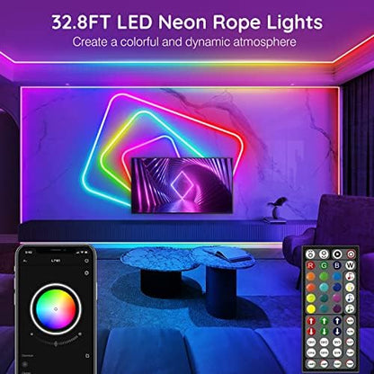 AILBTON 32.8FT Neon Rope Lights, RGB LED Strip Lights, Waterproof IP67 LED Lights for Bedroom, DIY Design, Music Sync, Remote Control, Multiple Modes for Bedroom