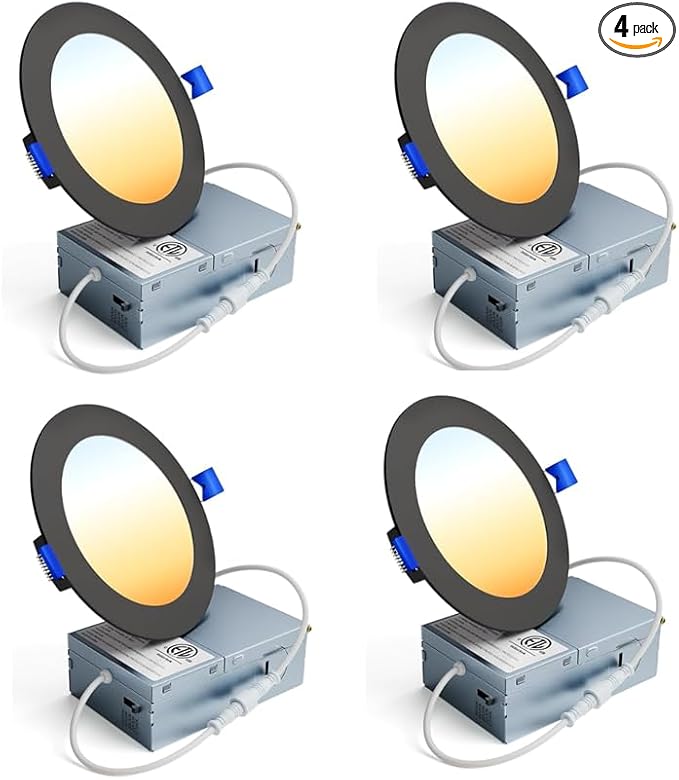 4 Pack 4 Inch LED Recessed Light, Dimmable, Damp Rated, 5CCT Selectable, 9W 750LM, 120V, Silm Canless Wafer Ceiling Light, Black, ETL&FCC