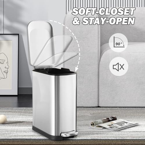 SYNCVIBE Bathroom Trash Can with Soft Close Lid 3.5 Gallon Silver