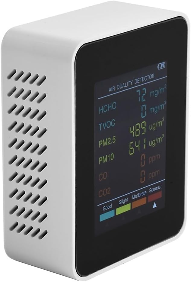 Air Quality Monitor, Multifunctional 6 in 1 C02 Detector PM2.5 PM10 HCHO TVOC Meter Air Quality Monitor, Test Indoor Pollution and Humidity Indoor