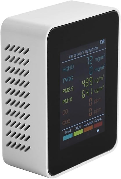 Air Quality Monitor, Multifunctional 6 in 1 C02 Detector PM2.5 PM10 HCHO TVOC Meter Air Quality Monitor, Test Indoor Pollution and Humidity Indoor