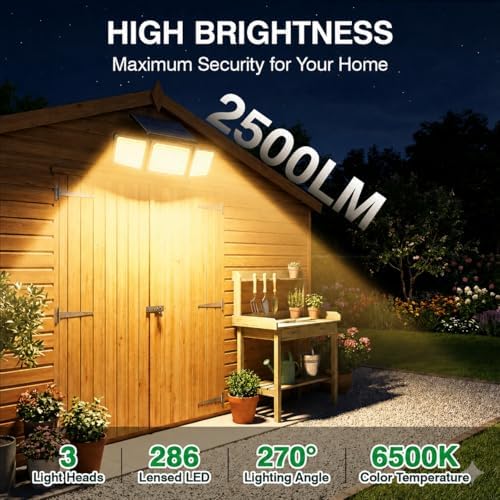 Solar Outdoor Lights Motion Sensor, 2500LM 286 LED Security Flood Lights with Visual Battery & Mode Display, 3 Lighting Modes, IP65 Waterproof 3-Head Wide Angle for Garage, Yard, Patio (2P Warm White)