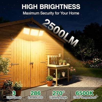 Solar Outdoor Lights Motion Sensor, 2500LM 286 LED Security Flood Lights with Visual Battery & Mode Display, 3 Lighting Modes, IP65 Waterproof 3-Head Wide Angle for Garage, Yard, Patio (2P Warm White)