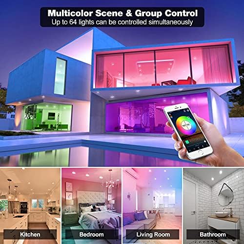 Smart Can Light 6 Inch, Multicolorred, Dimmeble, 2700K-6500K CCT Selectable, RGB Remote LED Recessed Lighting 4 Pack, WiFi & Bluetooth LED Downlight, Compatible with Alexa Google Home