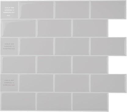 Smart Tiles Peel and Stick backsplash, Subway Pearl Gray, 10.95"x9.7" | Pack of 10 (6.3 sq ft), Glossy, Heat/Moisture Resistant, Low VOC, Kitchen/Bathroom, Renter Friendly, Made in Canada