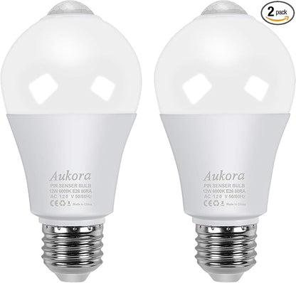 Aukora Motion Sensor Light Bulbs, 12W (100-Watt Equivalent) E26 Motion Activated Dusk to Dawn Security Bulb Outdoor/Indoor for Front Door Porch Garage Basement Hallway Closet(Cold White 2 Pack)