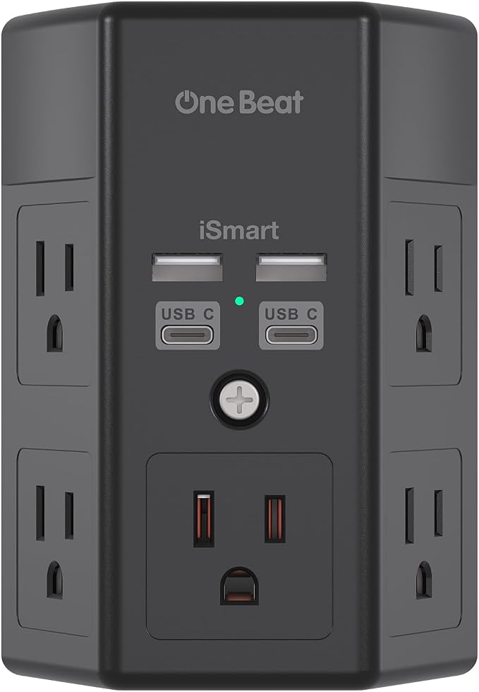 One Beat Surge Protector Wall Outlet Extender, 5 Outlets & 4 USB Ports (2 USB-C), 1680J, 3-Sided Multi Plug Outlet Adapter, Outlet Splitter, Wall Mount, ETL Listed for Home Office Travel-Black