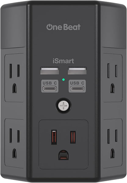 One Beat Surge Protector Wall Outlet Extender, 5 Outlets & 4 USB Ports (2 USB-C), 1680J, 3-Sided Multi Plug Outlet Adapter, Outlet Splitter, Wall Mount, ETL Listed for Home Office Travel-Black