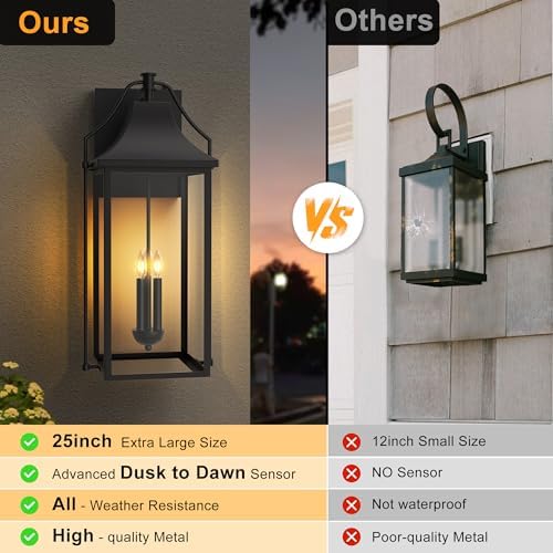 25IN Dusk to Dawn Outdoor Wall Sconce, 3-E12 Base Porch Light