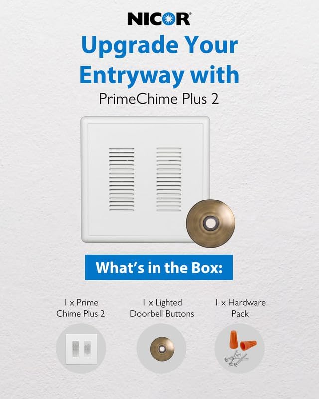 PrimeChime Plus 2 Electric Doorbell Kit - Doorbells for Home - Includes Selectable Ring Chimes - Stucco Button, Antique Brass - NICOR Lighting