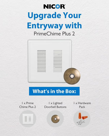 PrimeChime Plus 2 Electric Doorbell Kit - Doorbells for Home - Includes Selectable Ring Chimes - Stucco Button, Antique Brass - NICOR Lighting