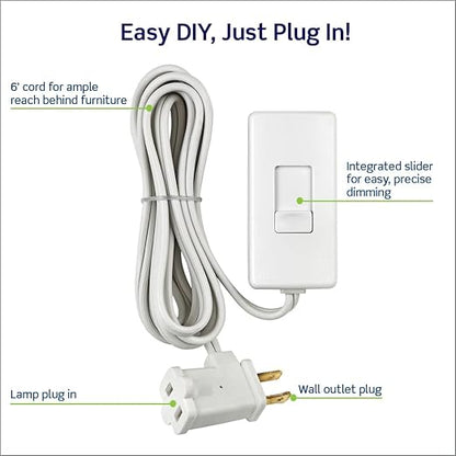 Leviton Table Top Plug in Lamp Dimmer for Dimmable LED, Halogen and Incandescent Bulbs, TBL03-10W, White