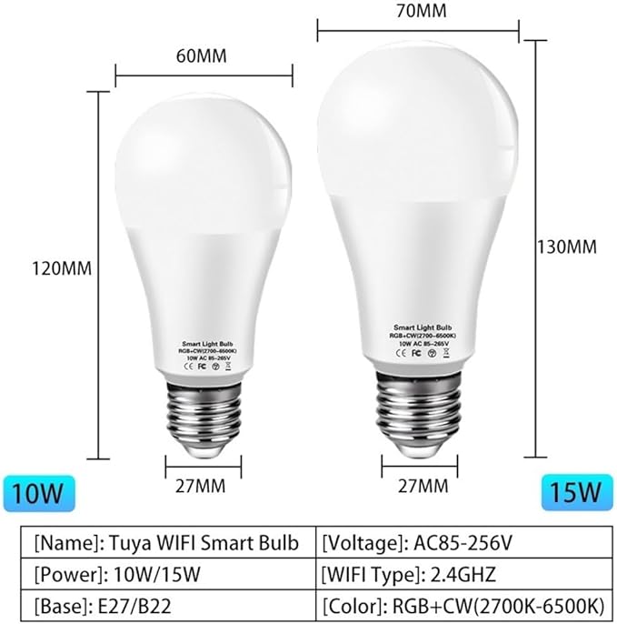 Bulbs, Pack of 10, LED Smart Bulb AC85-265V E27 10W/12W/15W/18W RGBCW Voice Controlled Lamps(15W)