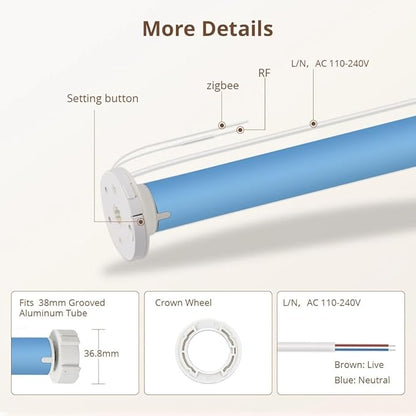 Zigbee Blind Motor for Smart Blinds, 38mm Tube Roller Shade Motor with 20/30rpm, 2.0Nm AC100-240V Tubular Motor, Compatible with Alexa Google Home Apple HomeKit via M1/M6 Hub (Motor Only)