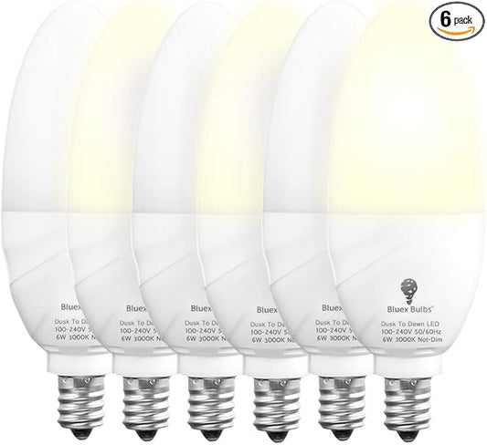 6 Pack BlueX Dusk to Dawn LED Bulbs, 6W E12 Base Light Bulb - 65W Equivalent – 3000K WarmLight White - Smart Light Sensor Candelabra Bulb, Home Security, Driveway, Yard, Porch Lighting
