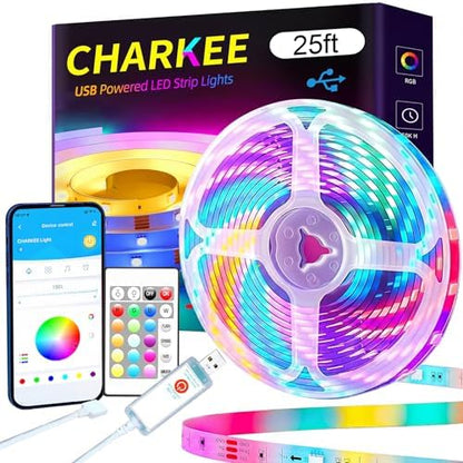 CHARKEE 25ft LED Strip Lights USB-Powered, Color Changing RGB LED Strip Lights for Bedroom/TV Backlight/Gaming Lighting, Music Sync SMD 5050 Flexible LED Lights with Remote/APP Control